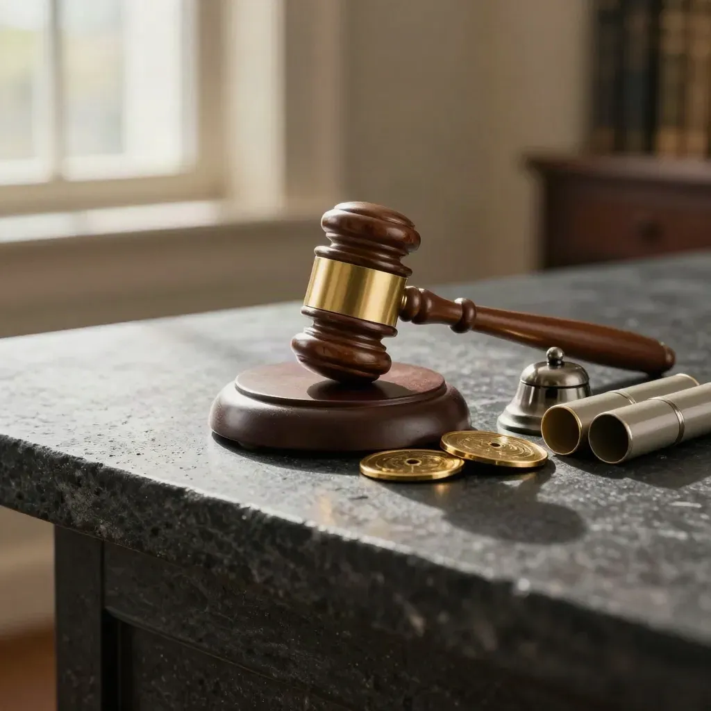 Walnoten hamer, lotpenningen en bel op donkere stenen sokkel in premium veilingstijl.