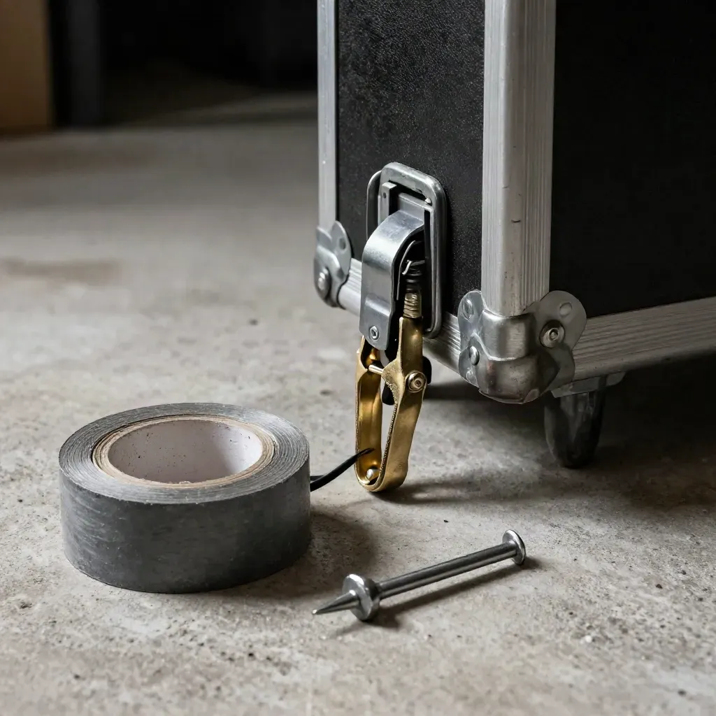 Flight-case sluiting, kabelklem, gaffer tape en stage spike op licht beton