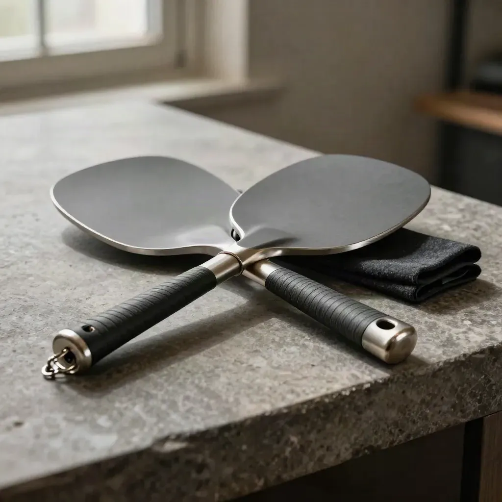 Slanke biedpaddle op steen met kettingtag en zachte studioverlichting.