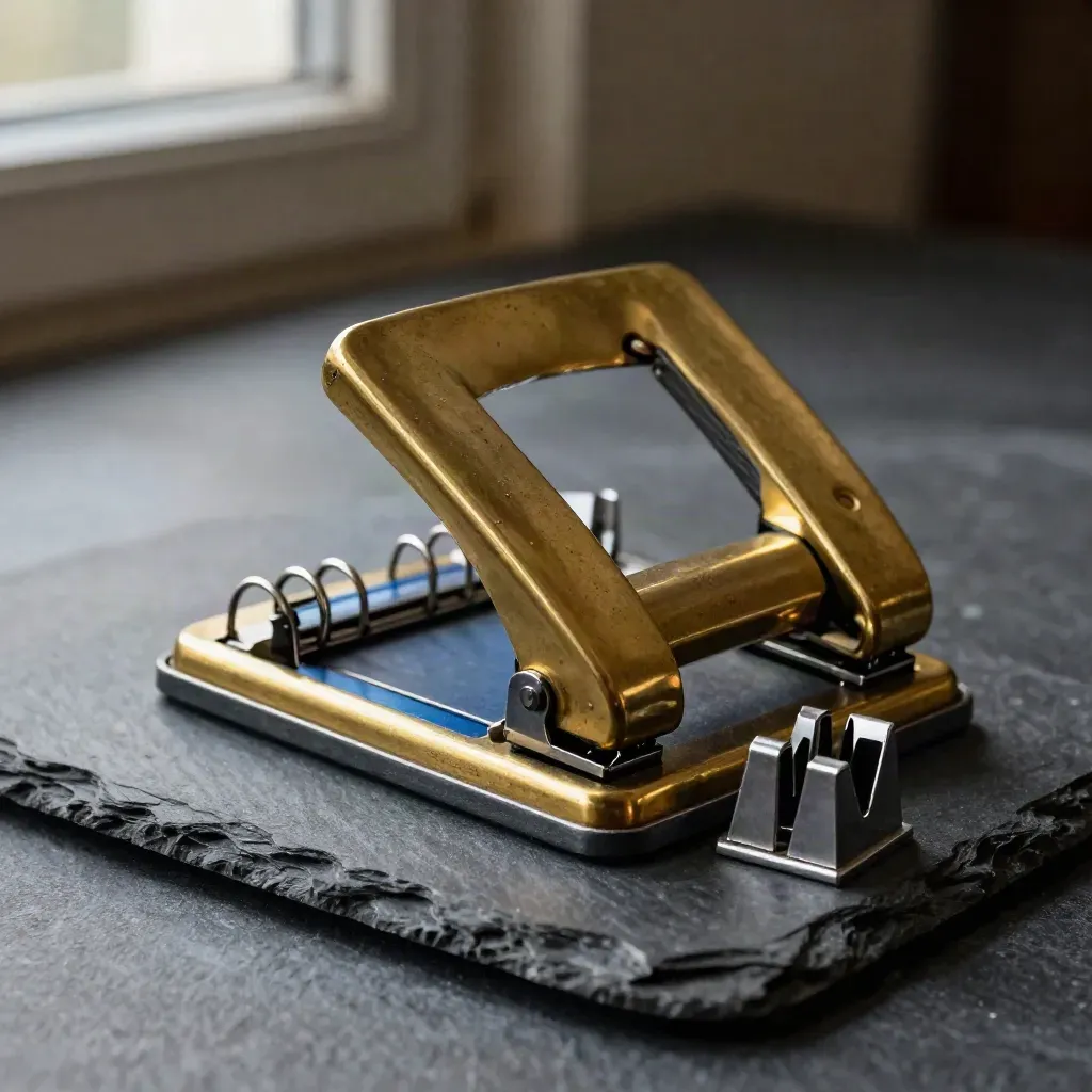 Brass ticket punch, ringbinder en tally counter op leisteen in dramatisch studiolicht