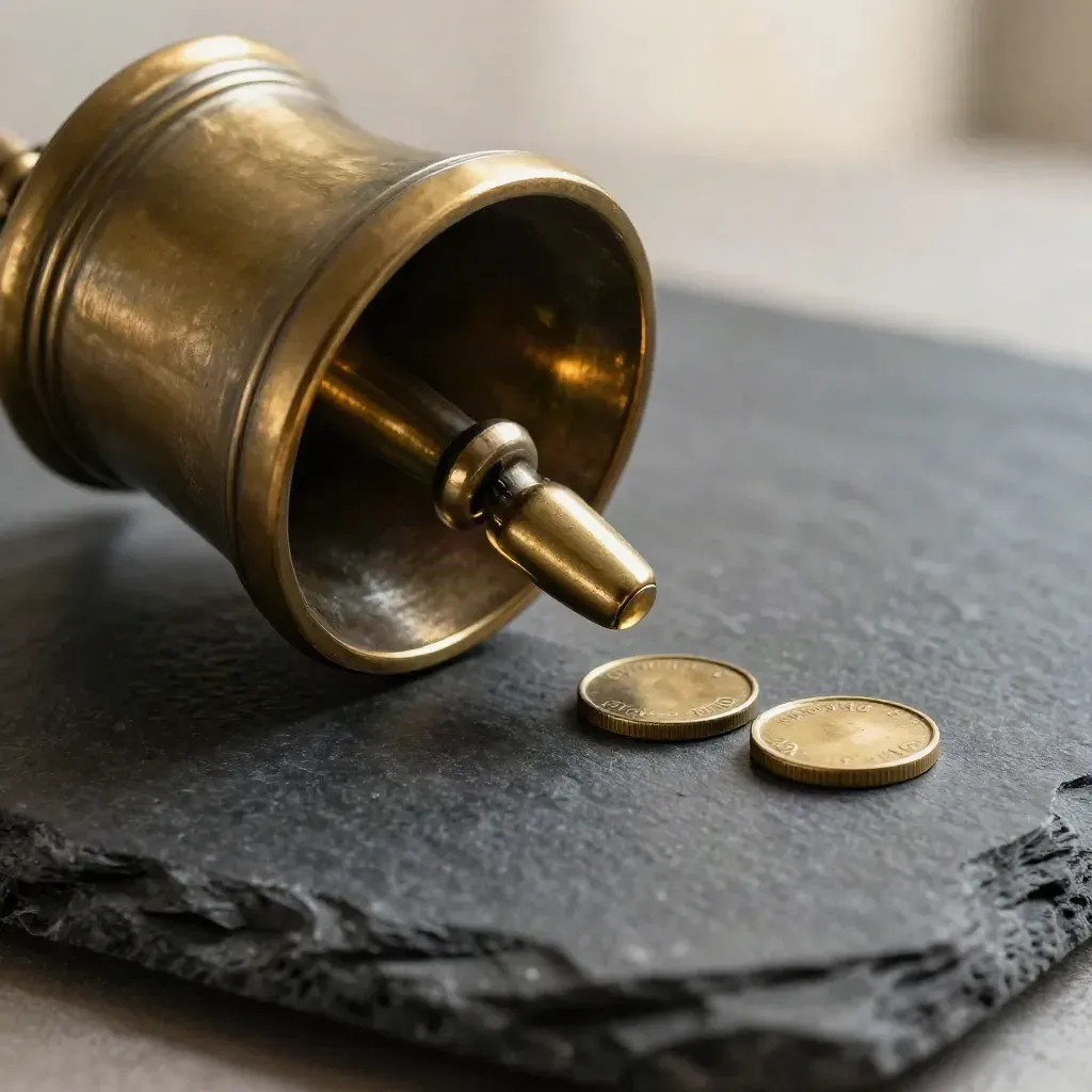 Macro van een messing veilingbel met klepel en twee biedtokens op donker grafiet.