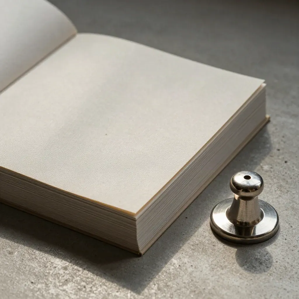 Linnen catalogus, stapel lotbladen en metalen papiergewicht op licht beton, van boven gefotografeerd.
