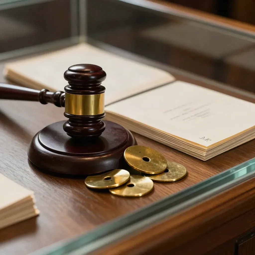 Gavel, brass lot discs en cataloguskaarten achter glas in een stille veilingzaal.
