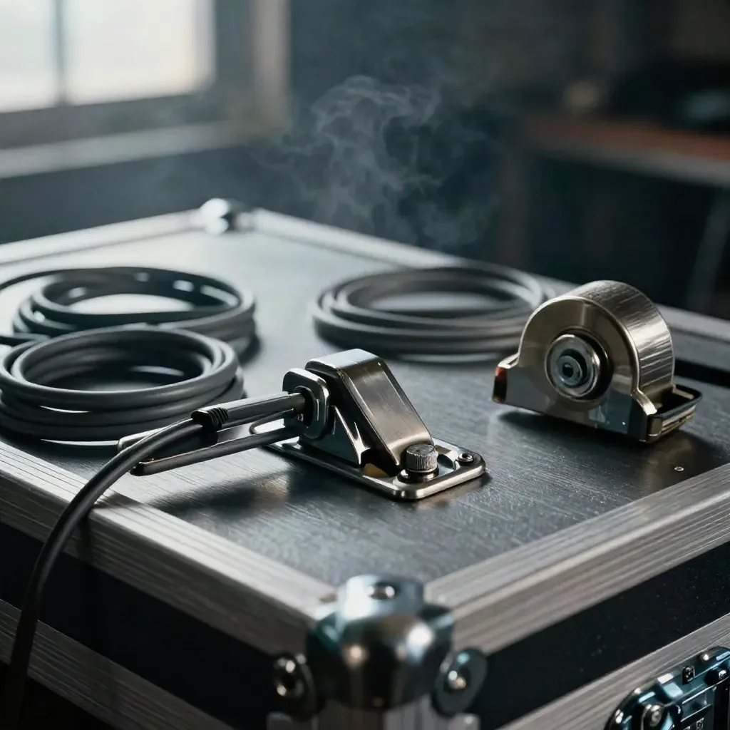 Stilleven van flight-case latch, kabelbinders, stage clamp en tape cutter op brushed steel