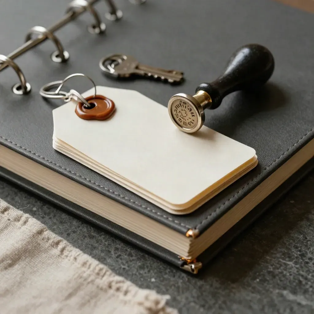Macro van een consignatie-tagstapel, stempel, sleutelring en dicht ordner op donkere steen.