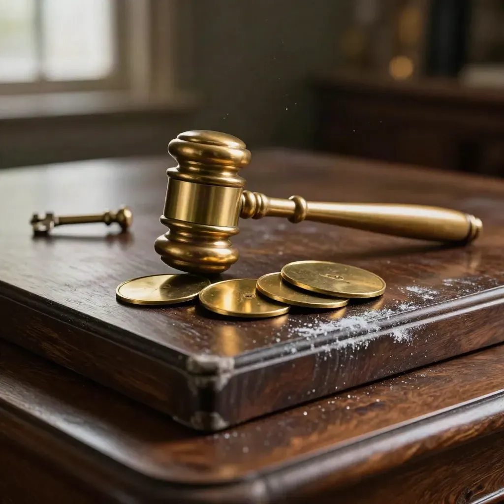 Brass gavel en lotschijven op een verweerde veilingblokrand met goudlicht en stofdeeltjes.
