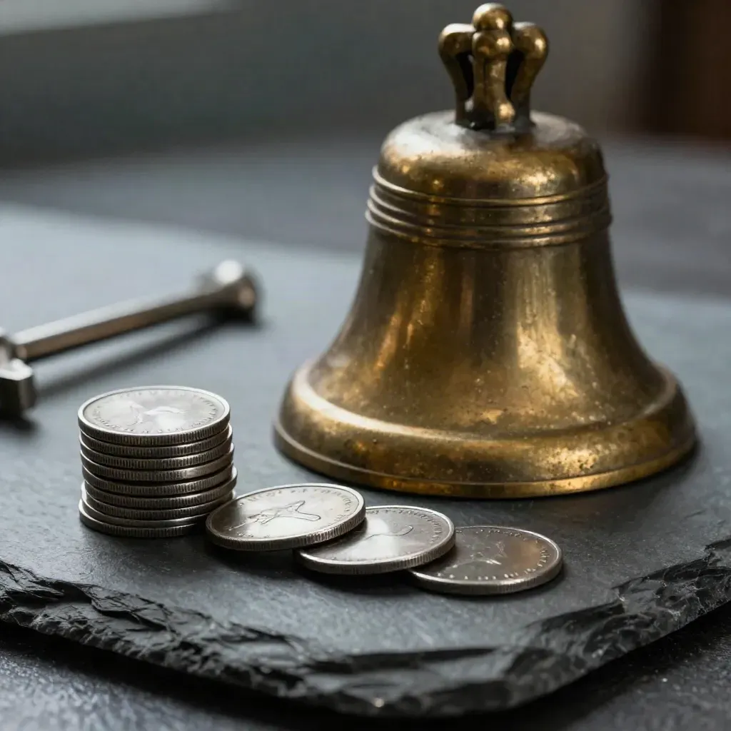 Macro van een veilingbel, biedtokens en metalen chimerod op leisteen, met donkere bokeh.