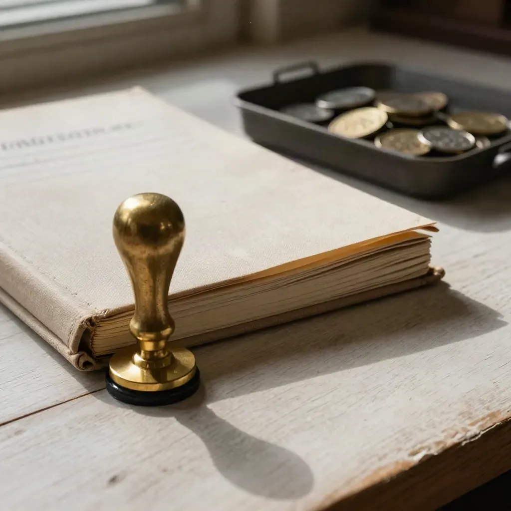 Brass stempel naast een gesloten grootboek en muntbakje op licht hout met donkere achtergrond.