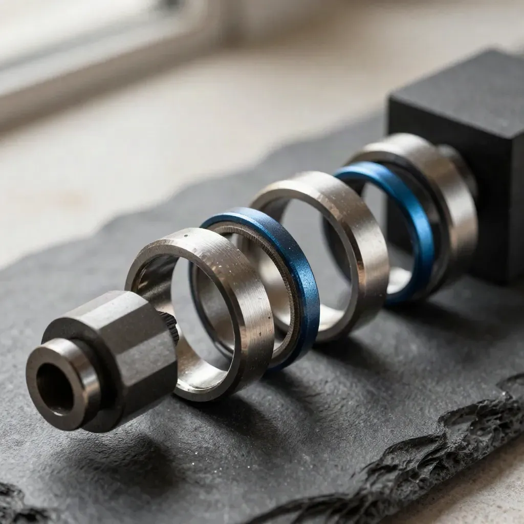 Close-up van aluminium ringen, spacer en grafietblokken op steen met blauw accent.