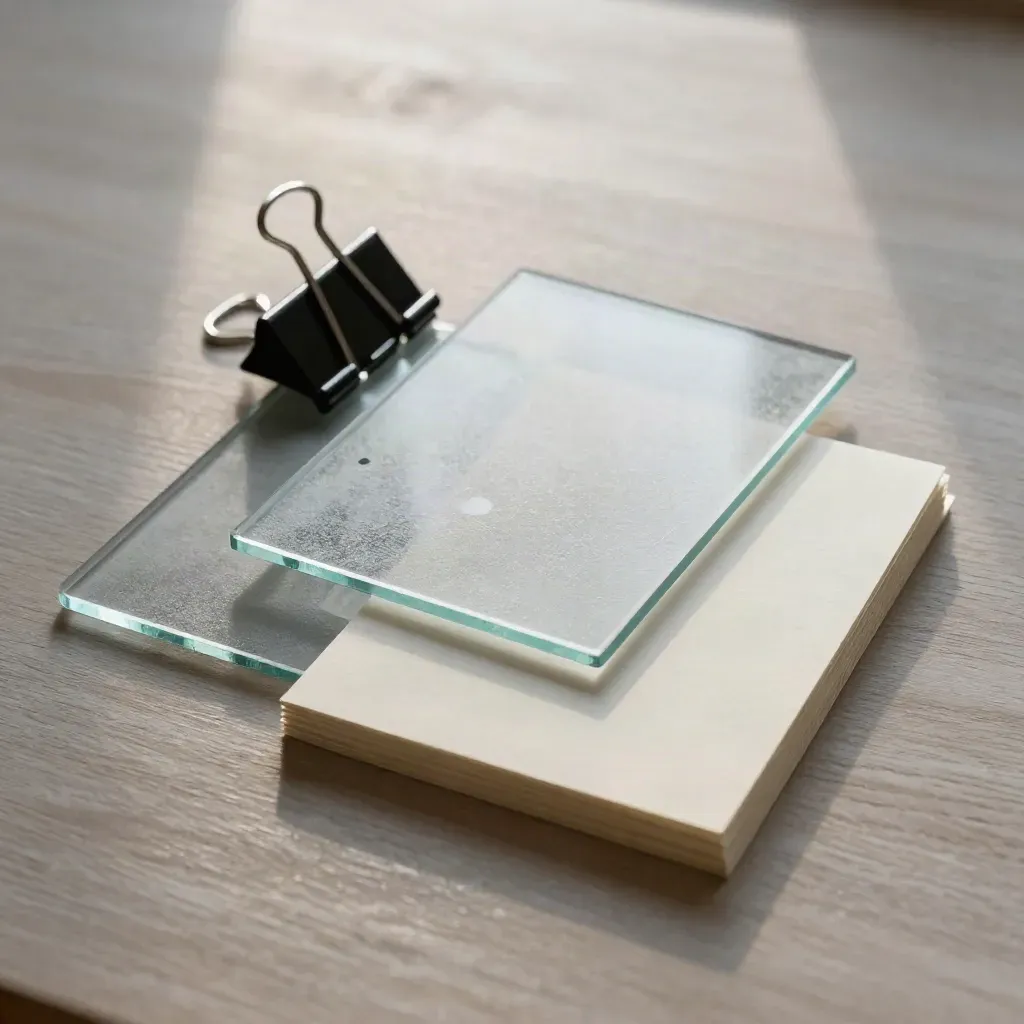 Bovenaanzicht van frosted glazen rechthoeken, binderclip en stapel kaarten op licht hout.